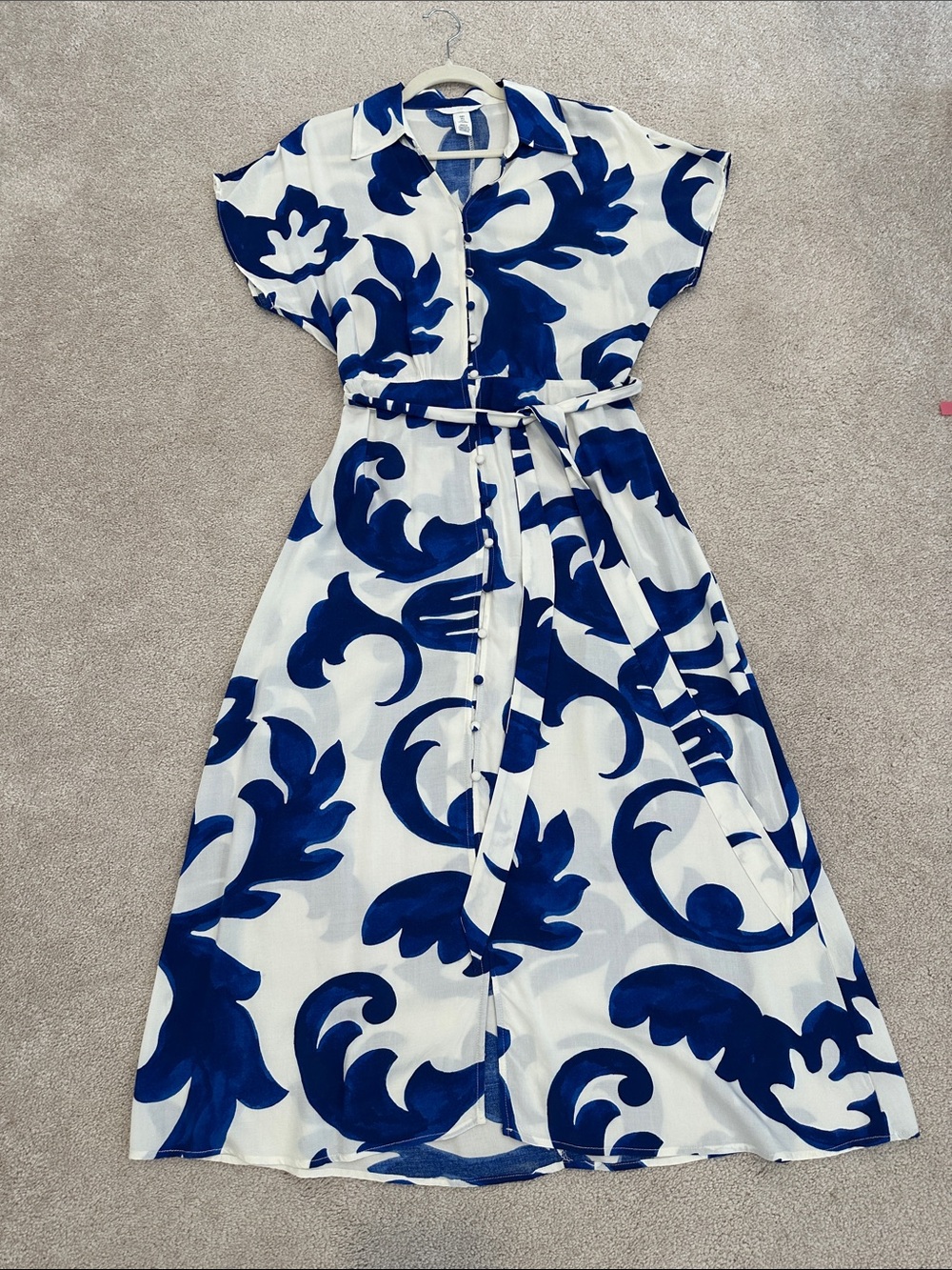 H&M White and Navy Blue Floral Button-Front Midi Dress